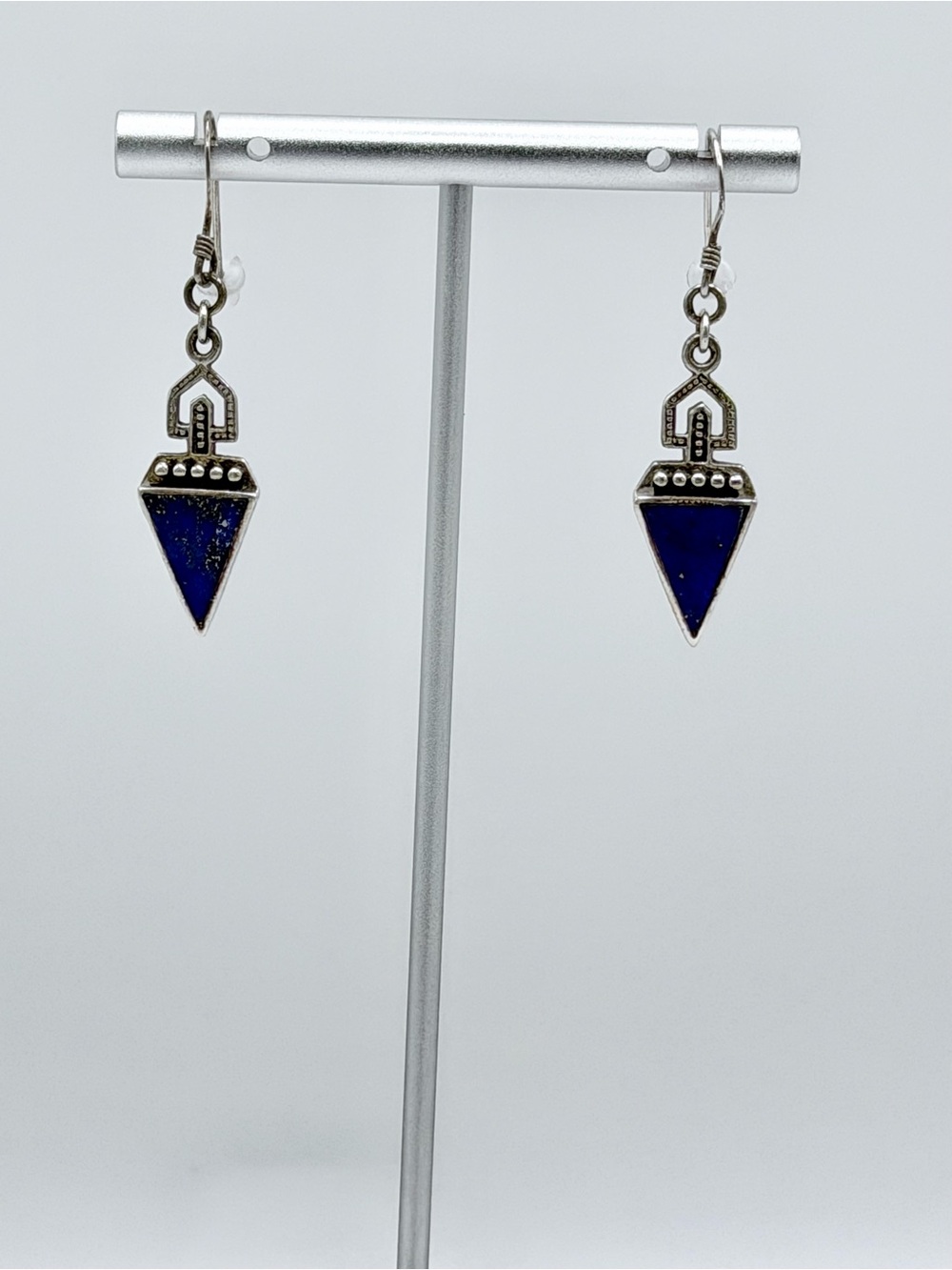 Vintage Sterling Silver Triangle w/Lapis & Beaded Accents Wire Dangle Earrings